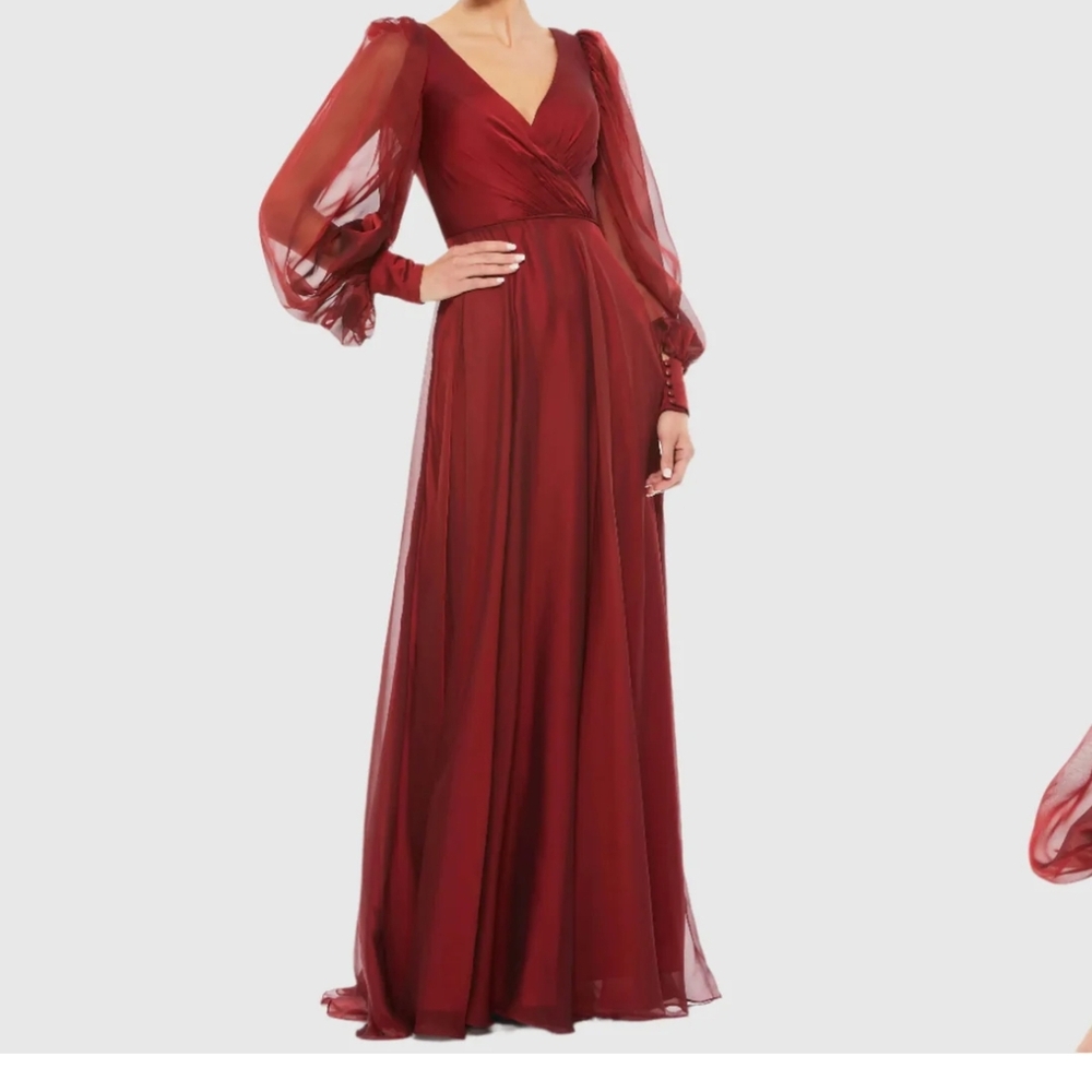 Mac Duggal - Red Sheer Blouson Sleeve Surplice Gown - Size 16 - NWT